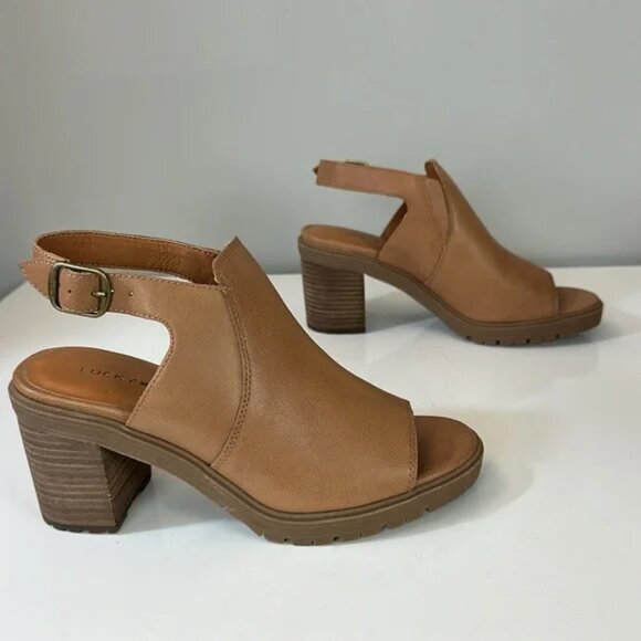 Lucky Brand Deylin Leather Lug Sole Sandal Peep Toe Sling Back Stacked Heel - Picture 2 of 4